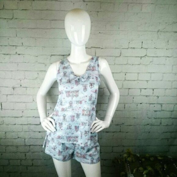 Love Affair Beach Print Shortie Pajama Set Blue Large - Picture 1 of 6